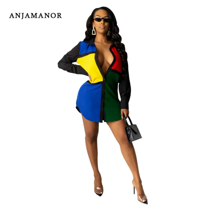 ANJAMANOR разноцветное элегантное платье рубашка с длинным рукавом осень 2020 модная