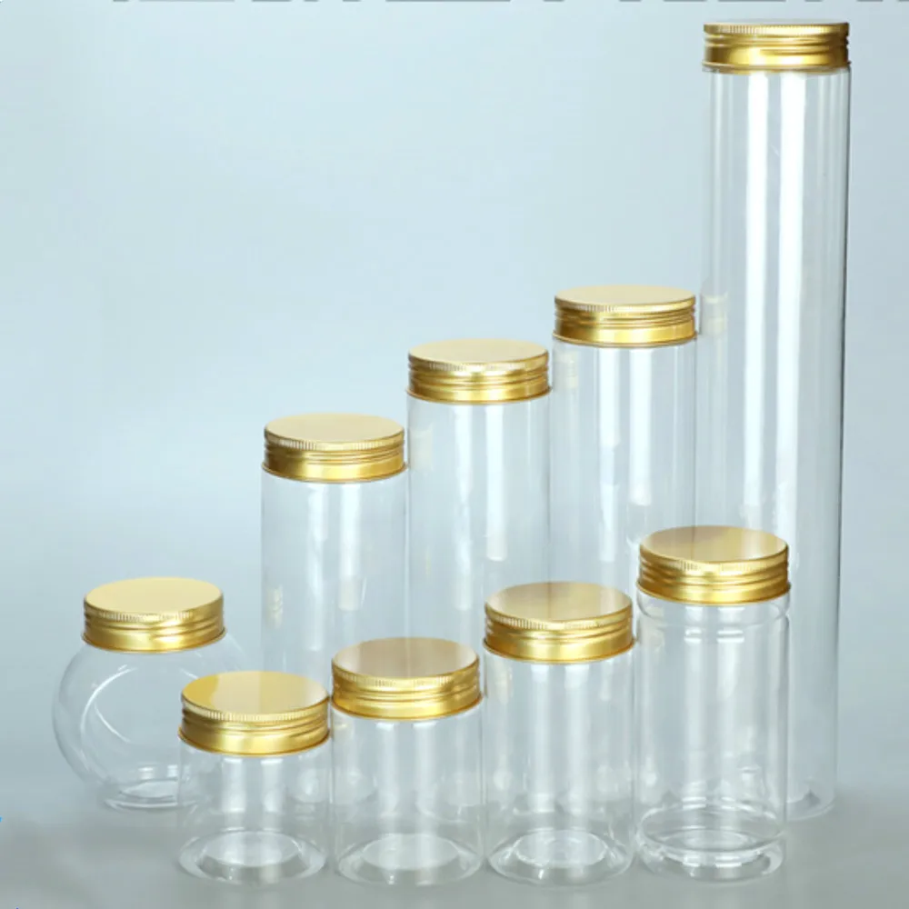 

20 PCS Sugar Cane Bottles Plastic Container Golden Lid Transparent Packaging Food Jar Cereal Dispenser Kitchen