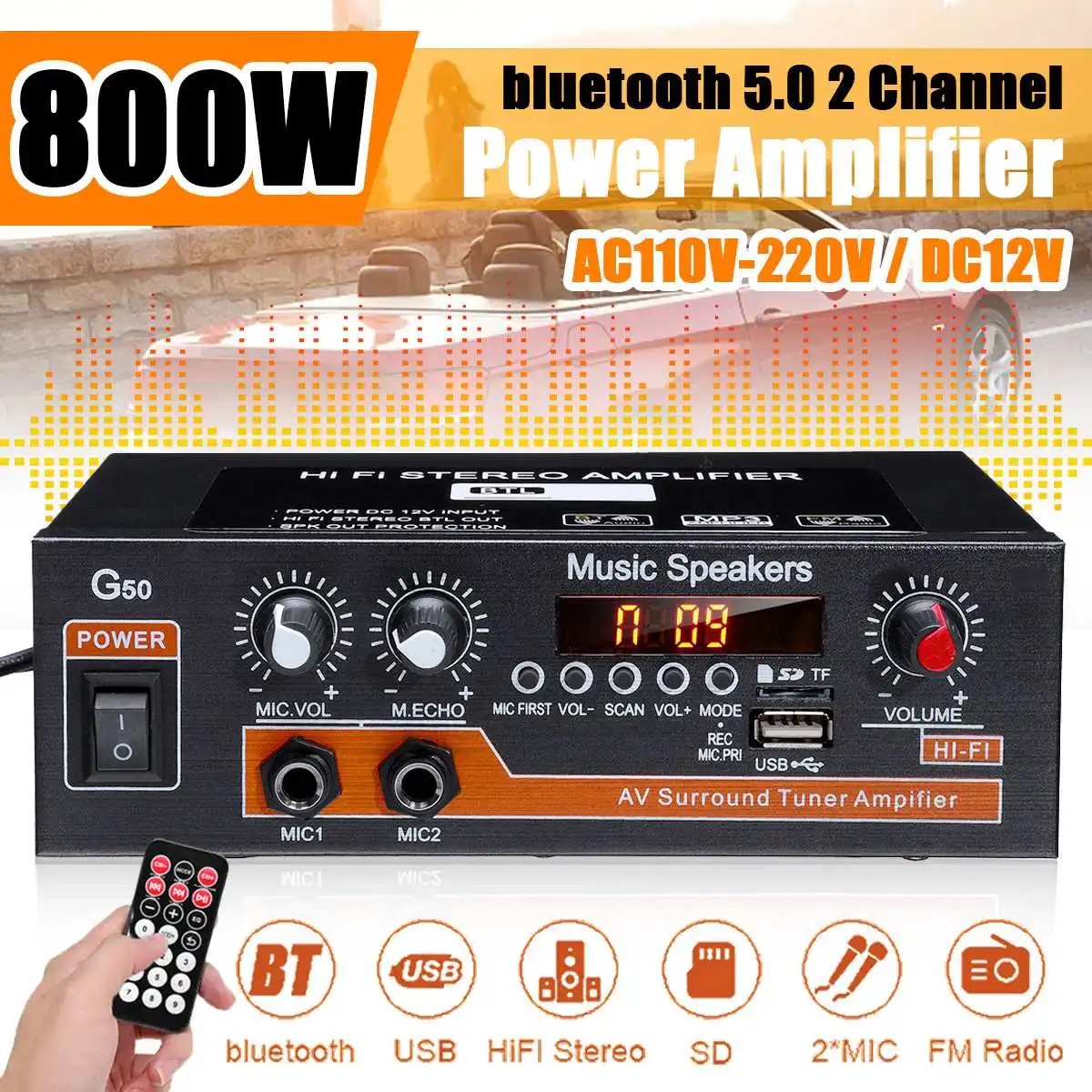 

800W Car Audio Bass Subwoofers Amplifier HiFi Stereo Bluetooth Digital Audio Processor Amplifier Home Theater Amplifiers