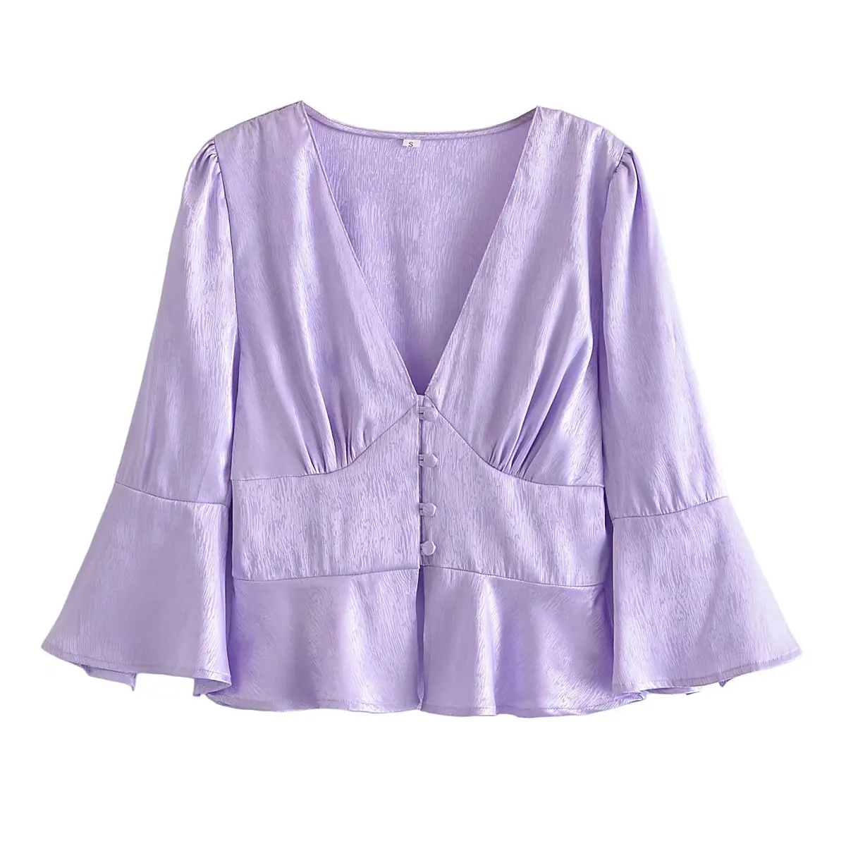 

Women Retro Purple Jaquard Crop Shirtv Neck Flare Sleeve 2022 Chic Female Slim Shirt Tops