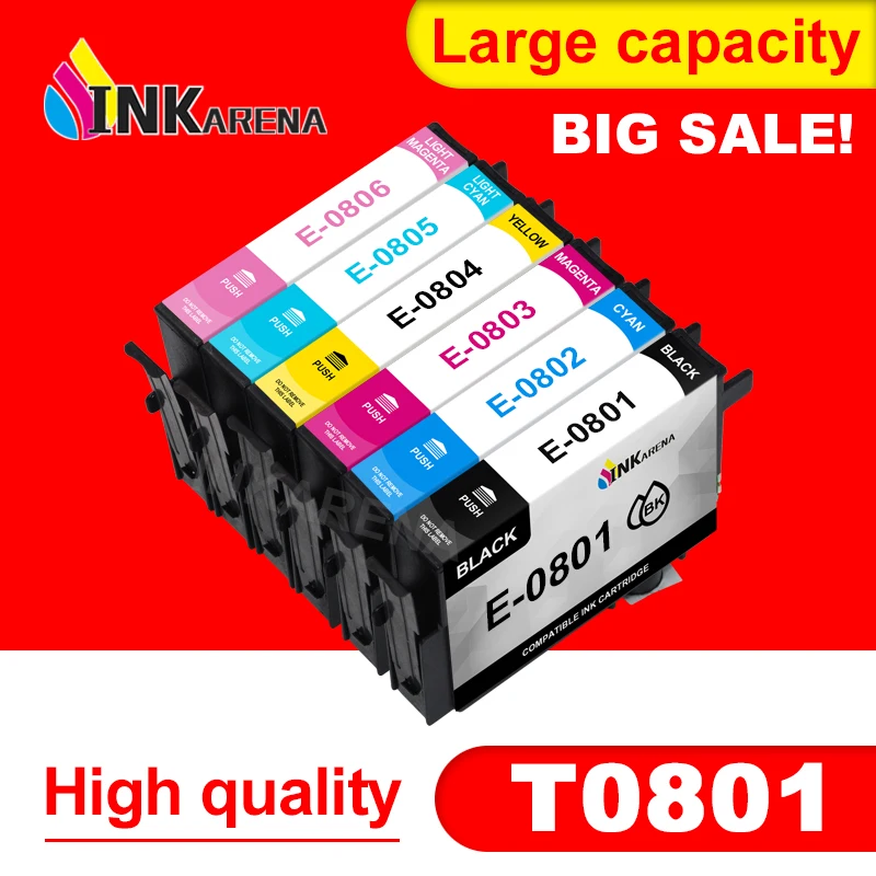 

INKARENA 6 Color T0801 Full Ink Cartridge for Epson Compatible Cartridges Stylus Photo P50 T59 R265 270 285 290 360 Printers