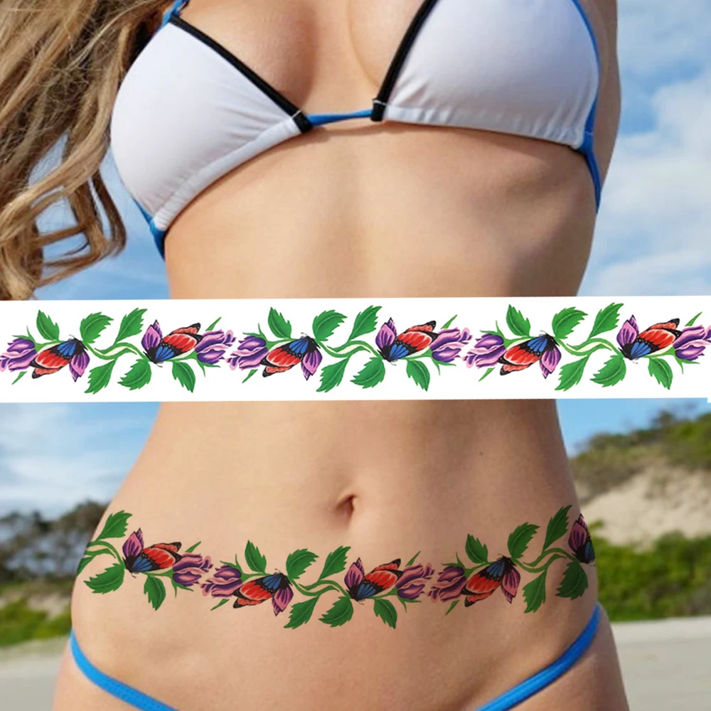 Purple Flower Temporary Tattoos For Women Girls Fake Butterfly Tattoo Sticker Sexy Rose Vines Long Waist Body Tatoos Watercolour images - 6