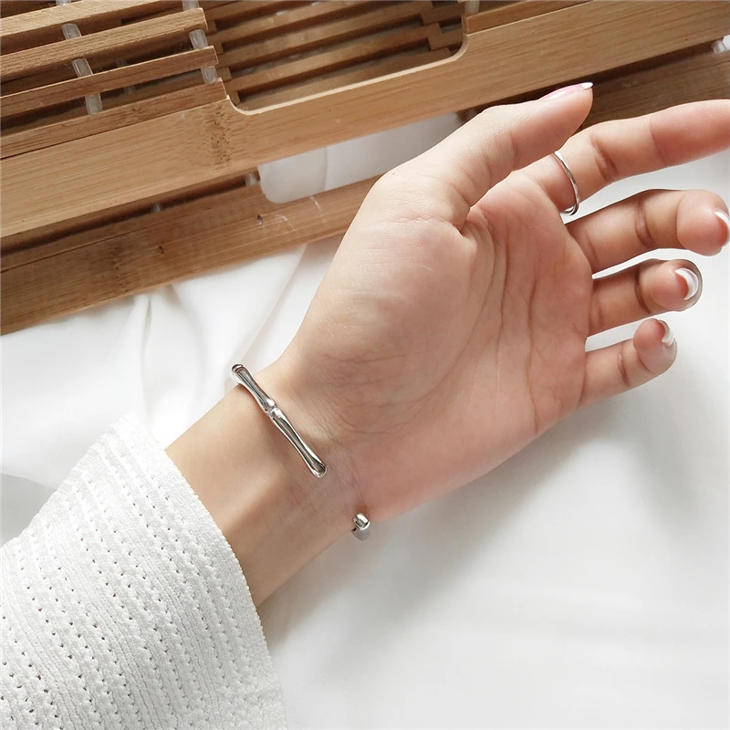 

Vintage 925 Sterling Silver Bangle Adjustable Open Bangles Handmade Bamboo Bracelets Bangles For Women Girls Accessories