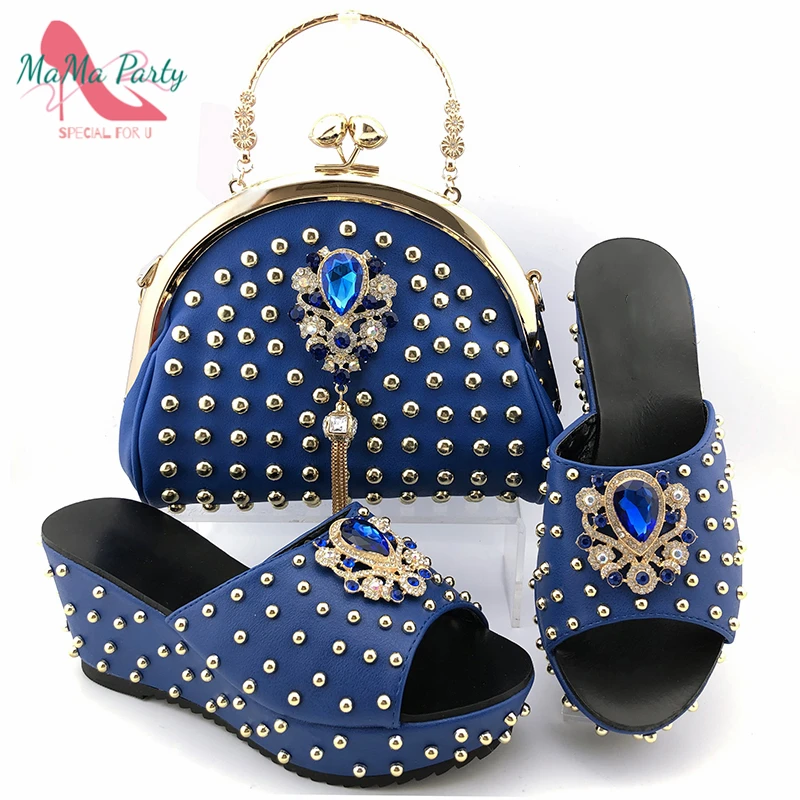 

2020 Classics Style Wedges Heels in Roal Blue Color African Wedding Shoes and Bag to Match with River Nigerian Specials Design