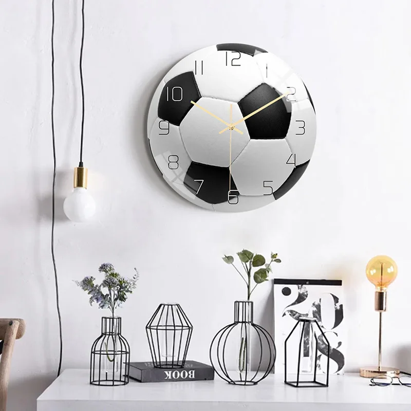 12 inch Wall Clock Football Soccer Shape Hanging Alarm Clock Mute Movement Sport Style Home Decor for Soccer Lover Fans Kids