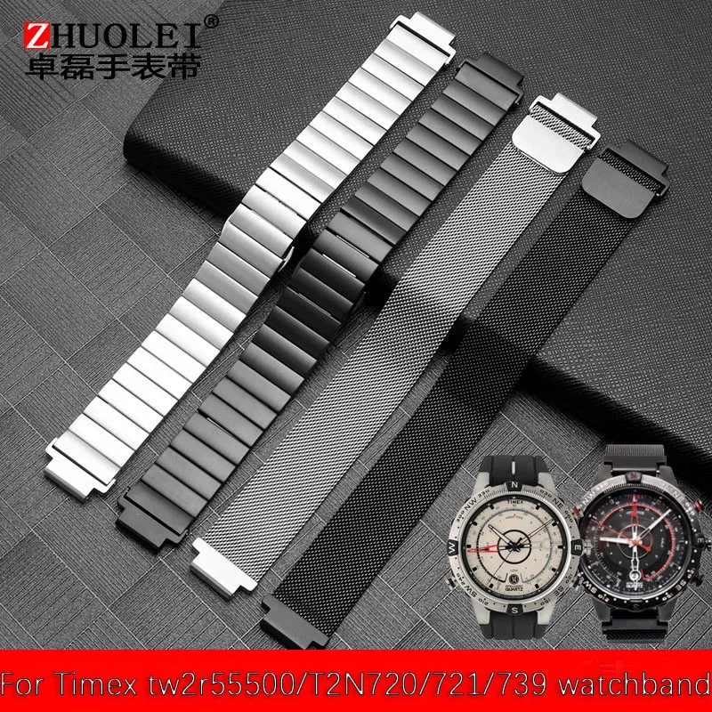 

For Men's TIMEX T2N720 T2N721 TW2R55500 T2N739 Stainless Steel Watchband Watch Strap 24*16mm Lug End Metal Bracelet Black Silver