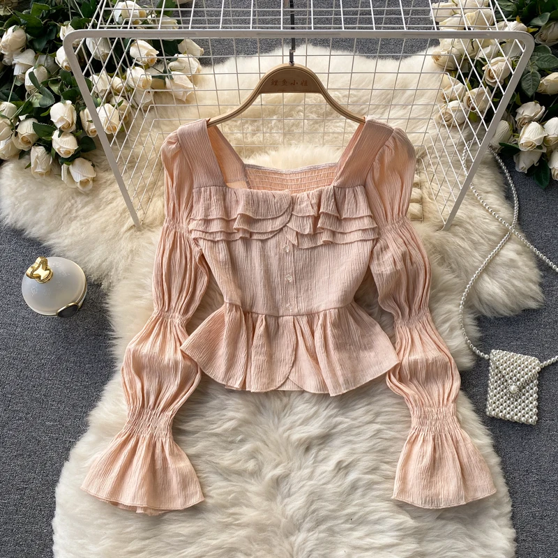 

Женская блузка в стиле ретро, с квадратным вырезом и длинным Расклешенным рукавом