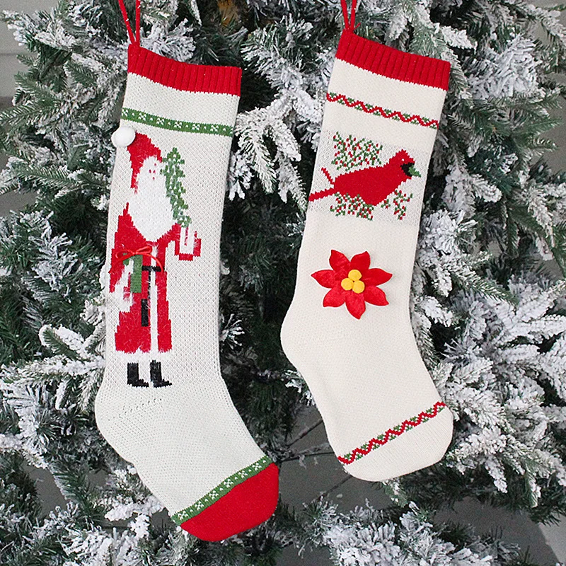 

Длинные рождественские носки, вязаный подарок, конфетная сумка, женский белый Рисунок Санта Клауса