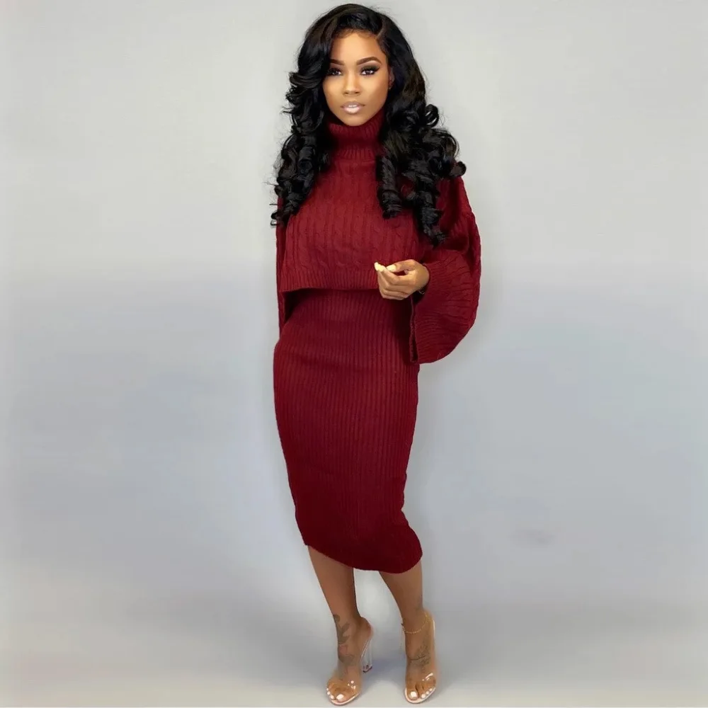 Autumn Winter Knitted Sweater Two Piece Set Turtleneck Long Sleeve Loose Crop Top+ Bandage Midi Tank Dress Plus Size Tracksuit