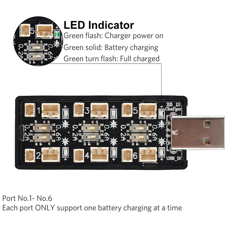 

1S LiPo Battery USB Charger 3.7V/4.20V 6 Channel 1S LiPo Charger Micro- JST 1.25 JST-PH 2.0 MCX MCPX Connectors