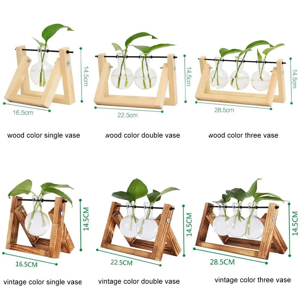

Glass Vase With Wood Holder Planter Table Terrarium Desktop Hydroponics Plant Bonsai Flower Pot Hanging Pots Home Decor