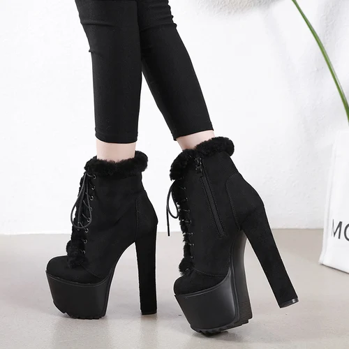 black Suede Новые модные ботинки с украшением из меха черные женские ботинки на очень высоком толстом каблуке 16 см с блестками - Цвет: black Suede