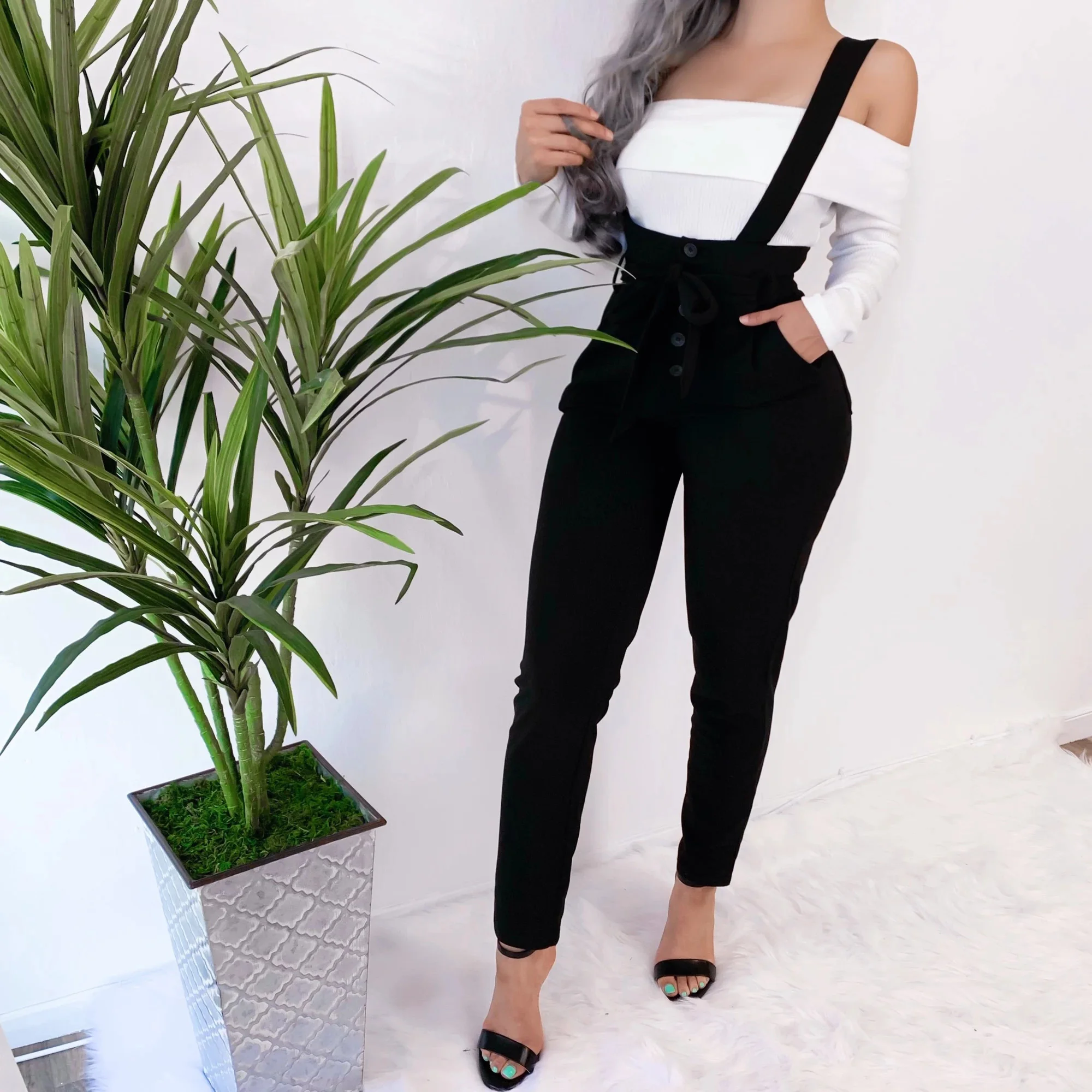 2019 Модные женские комбинезоны повседневные однотонные черные штаны с высокой