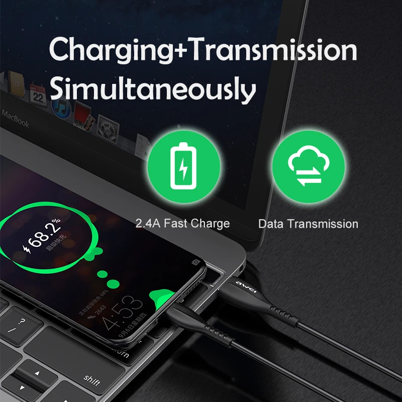 Кабель Awei USB C для Xiaomi Redmi Note 10 кабель Type шнур быстрой зарядки Huawei P40 Pro зарядный
