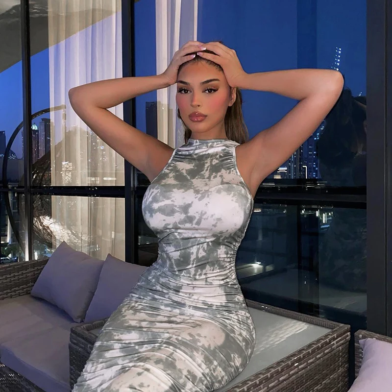 

Tie Dye Print Women Midi Dress Ruched Bodycon Sexy Streetwear Party Club Elegant 2021 Summer Clothes Slim Festival