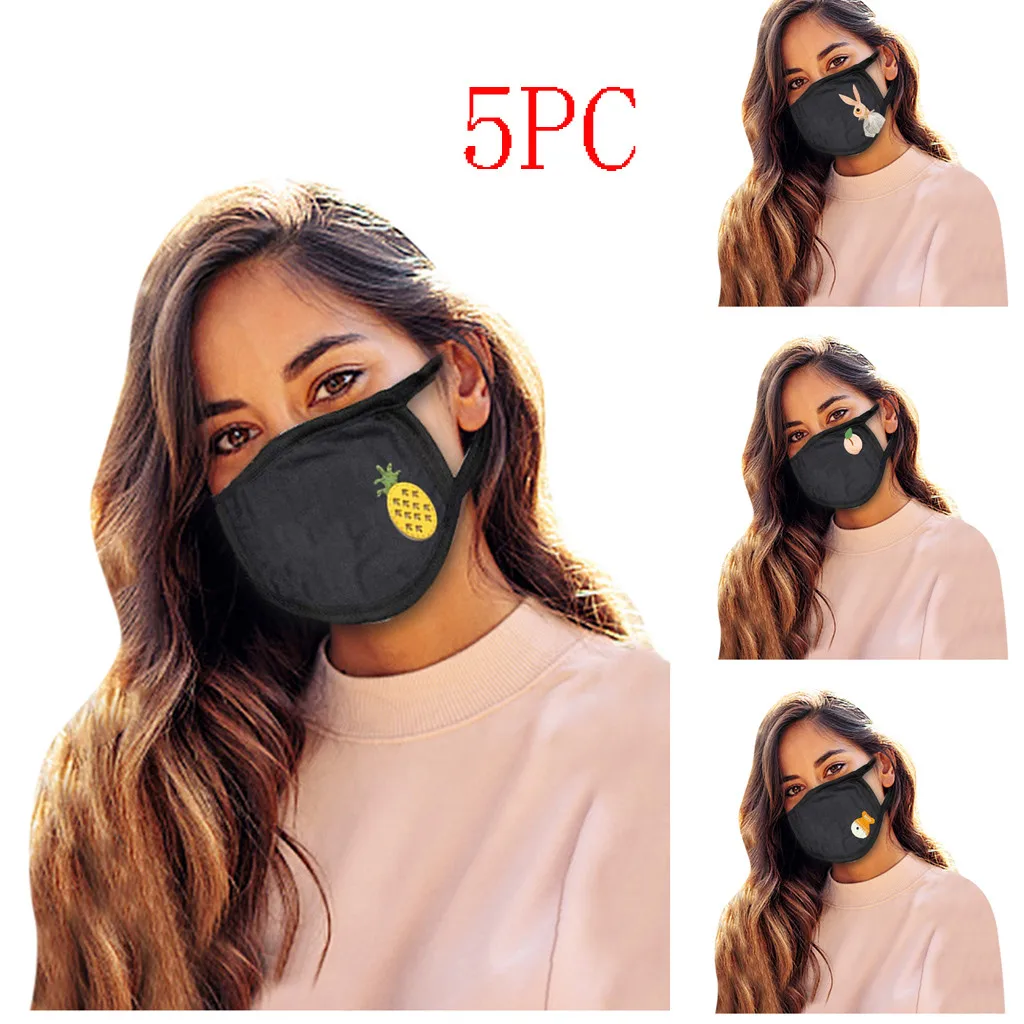 

Unisex Hanging Ear Face Mask Black Cartoon Print Cloth Masks For Cycling Protection 5PCS Mouth Cover Facemask Fast Delivery