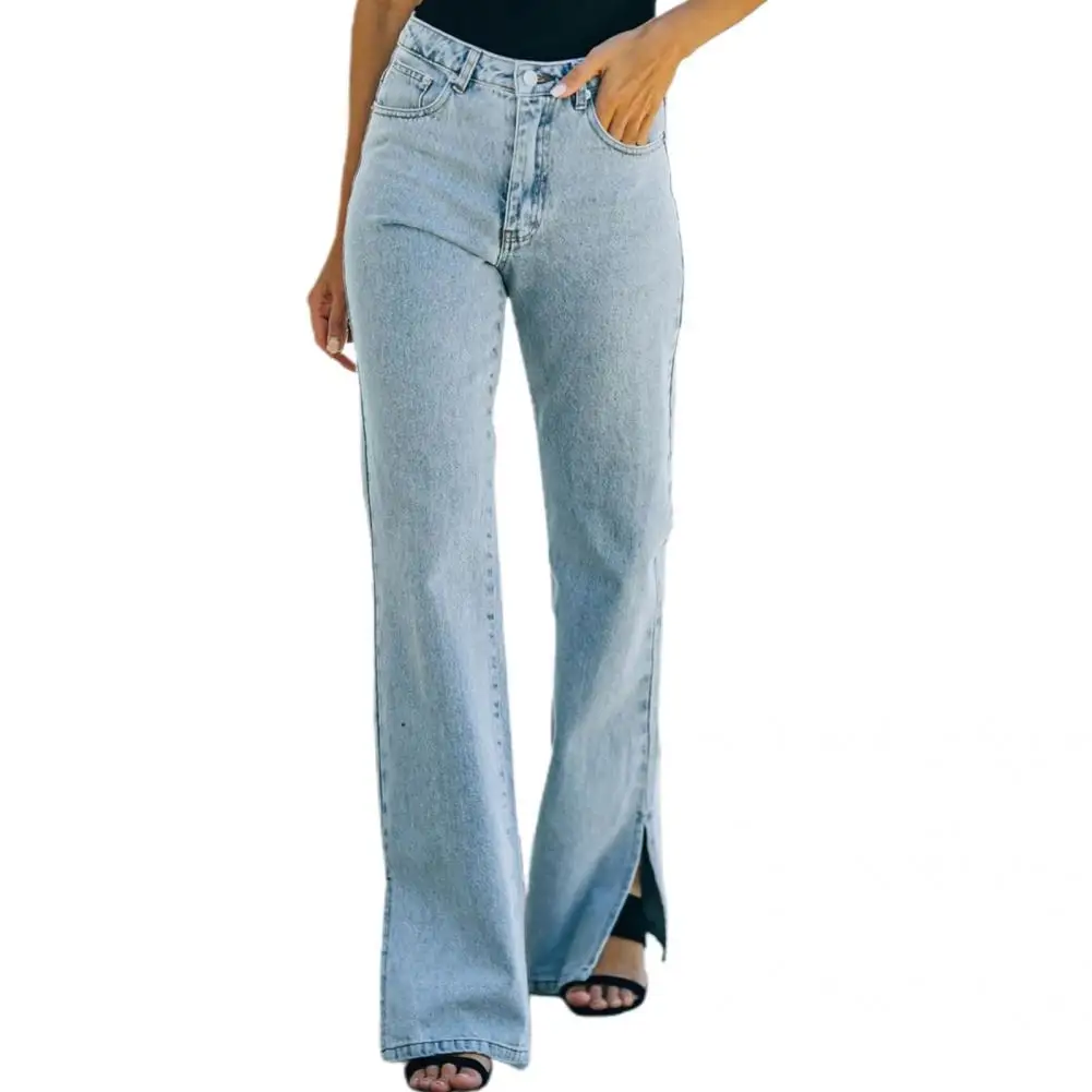 

Простые популярные женские джинсы со средней талией, прямые джинсы для повседневной носки