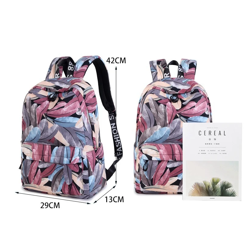 Модный водонепроницаемый полиэстер женский рюкзак многоцветный перо печать