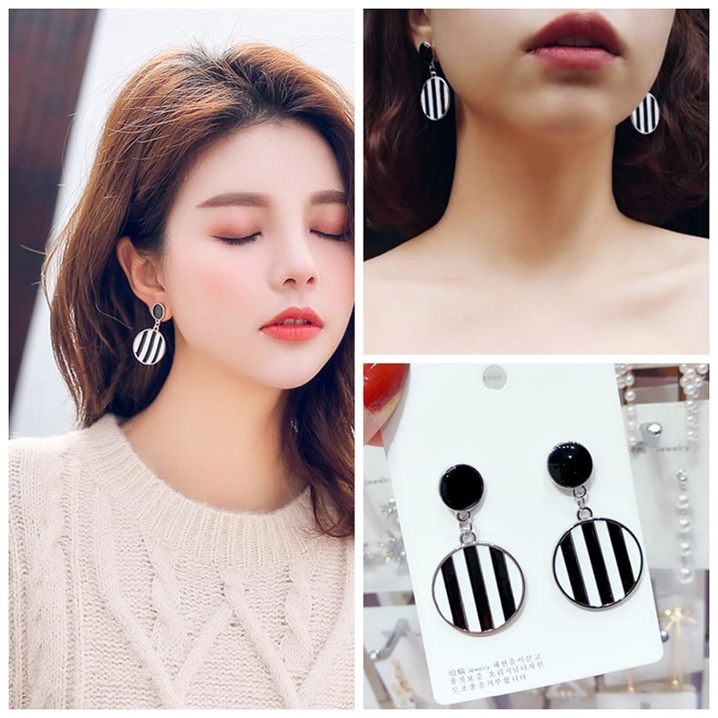 2019 круглые геометрические серьги в полоску Свадебные черно белые индийские