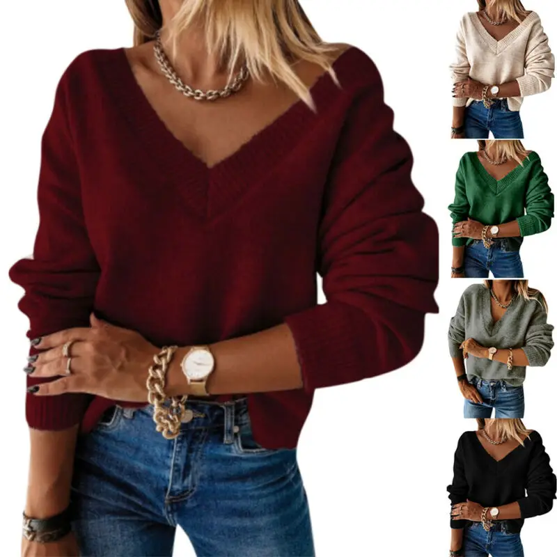 

Women Winter Warmer Pullover Sweatshirt V-Neck Long Sleeve Cable-Knit Jumper