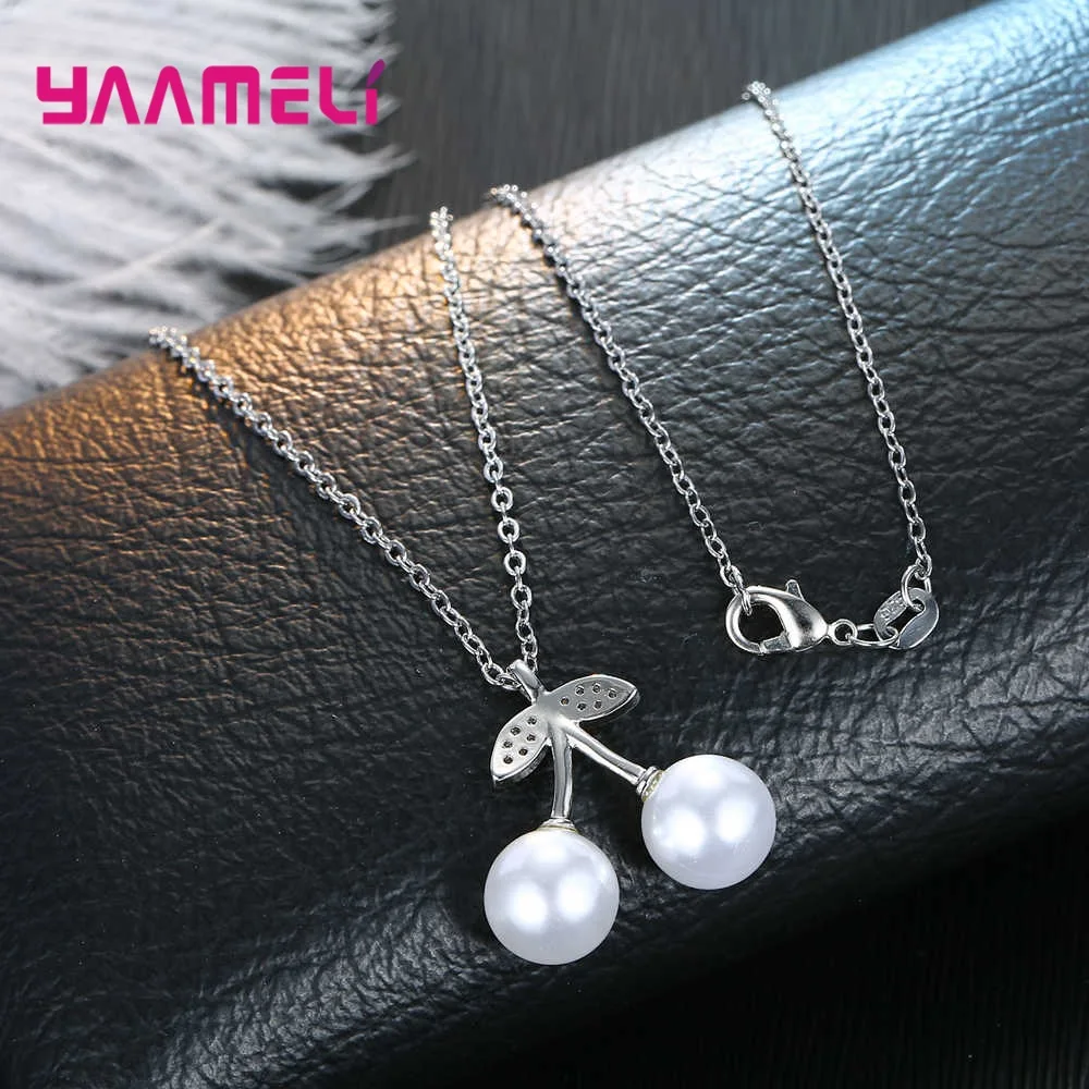 

New Fashion 925 Sterling Silver Fruit Pendant Necklace For Women Freshwater Pearl Cherry Pendant Necklace for Girl's Jewelry