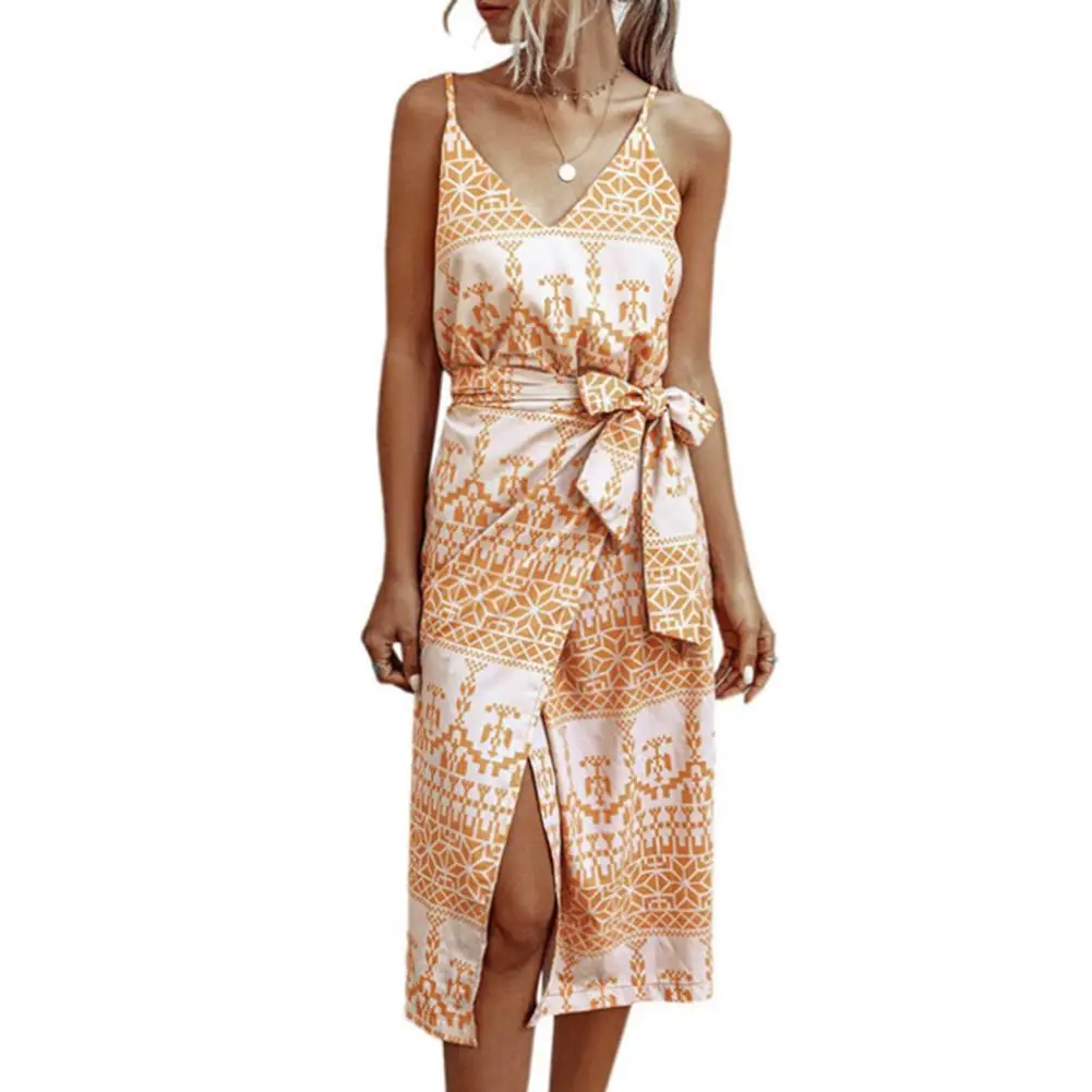 

Women Dress Leopard Print Split Summer Sleeveless Tie Waist Skirt for Beach