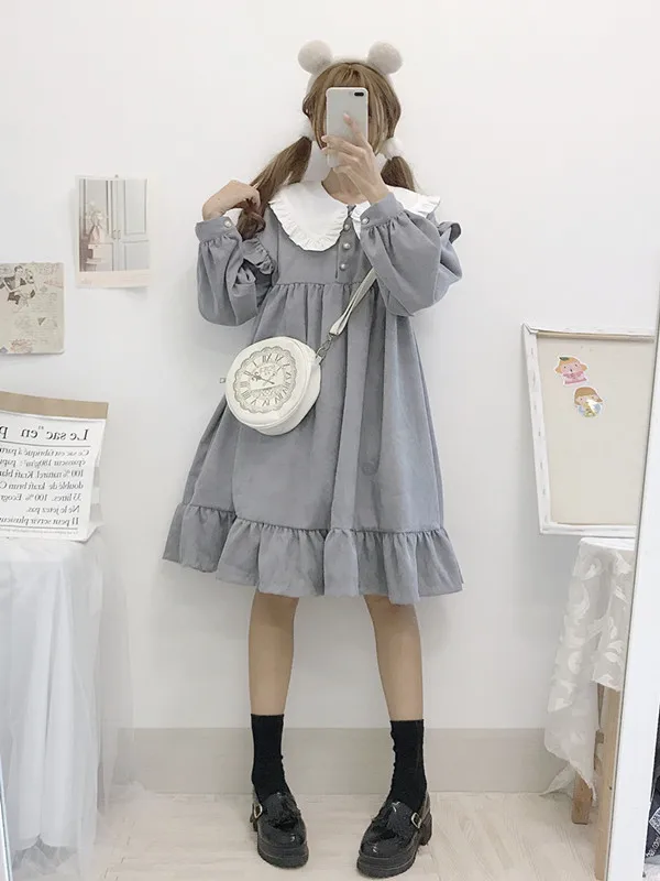 Осенне-зимнее Повседневное платье в стиле Лолиты Kawaii, новое японское милое ретро платье с кукольным воротником, свободное плиссированное платье с длинными рукавами