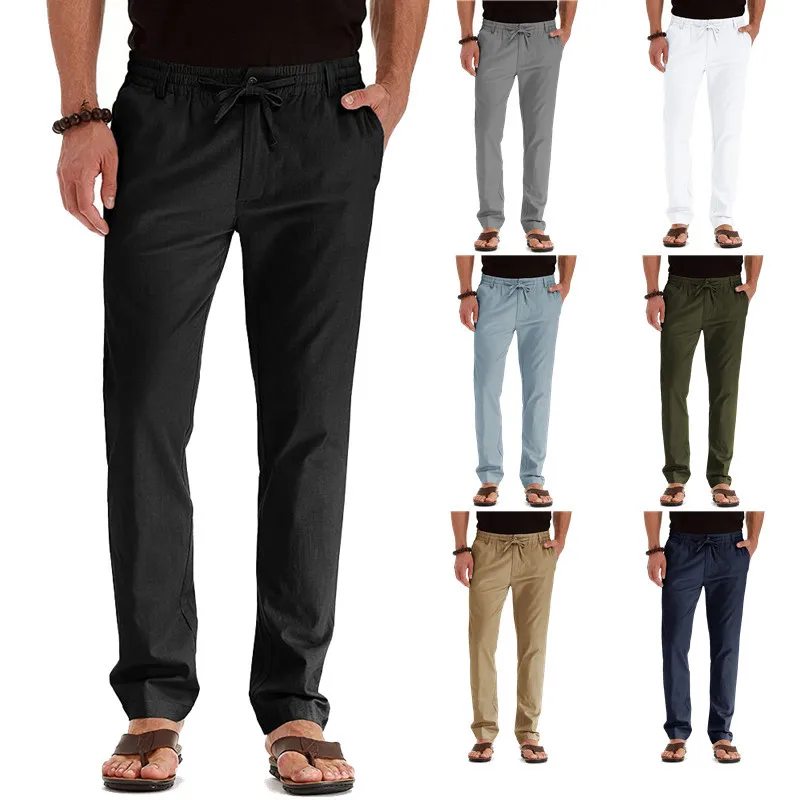 

2021 Mens Trousers Summer Pants Casual Male Solid Colors Elastic Waist Straight Loose Trousers Plus Size