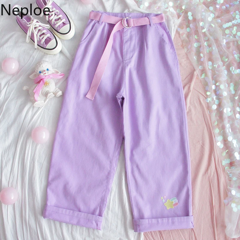 Женские джинсовые брюки с вышивкой в стиле Харадзюку японские фиолетовые