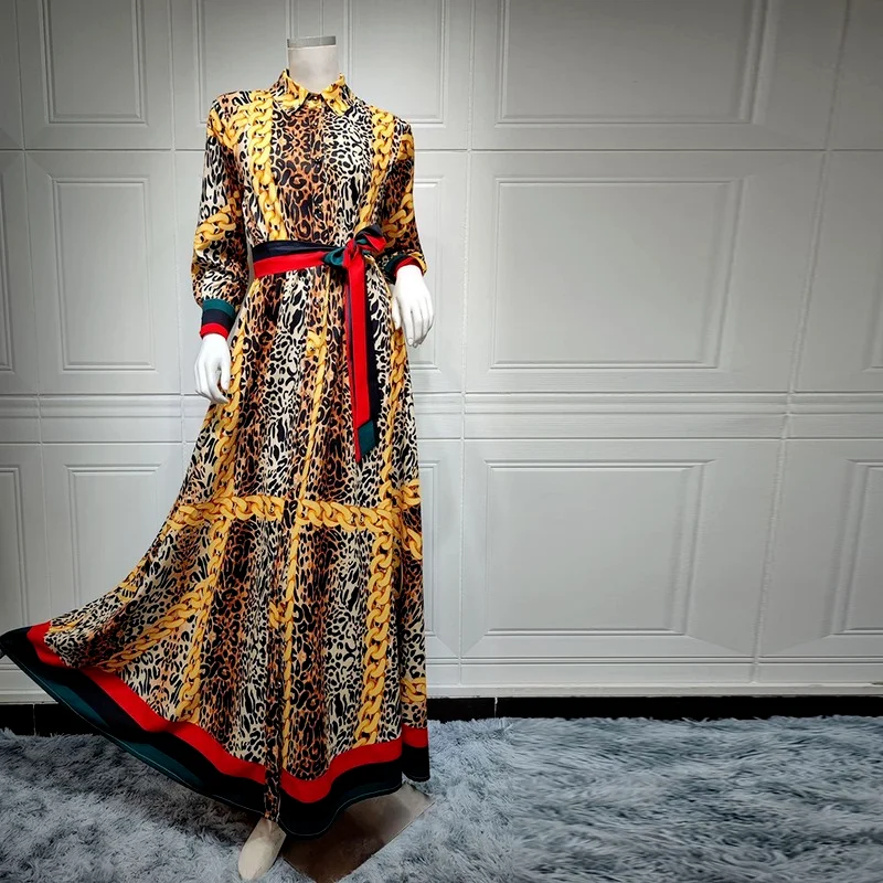 Long Sleeve Leopard Print Kaftan Muslim Dress Abaya Dubai Caftan Marocain Vestido Longo African Dresses For Women Djellaba Femme
