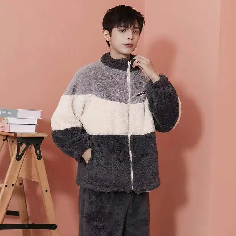 Men's Pajama Set Winter Thicken Warm Sleepwear 2Pcs/Set Tops + Pants Home Clothes Coral Fleece Pyjamas Suit