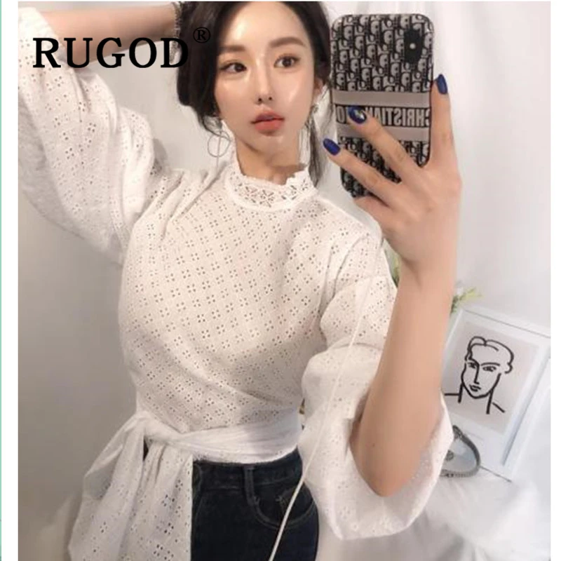 RUGOD элегантные белые открытые женские блузки корейские нерегулярные кружевные