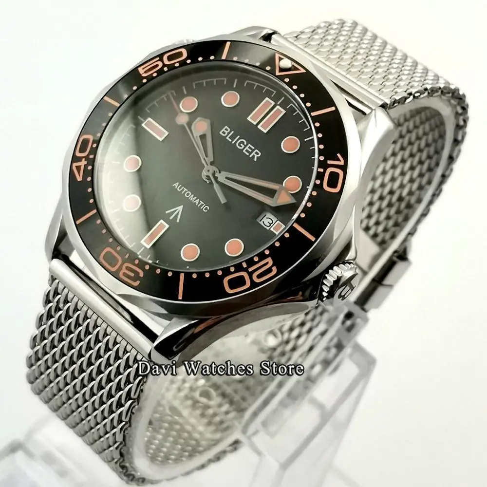 

Bliger/стерильные мужские часы 41 мм с черным циферблатом, механические часы с керамической рамкой, Мужские автоматические часы