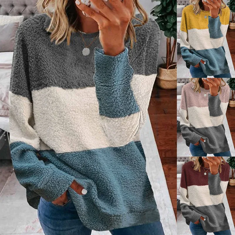

Hoodies Women's Round Neck Splicing Contrast Coat Women's 2021 Autumn and Winter Plush Sweatshirt Sweatshirts Vintage Hoodies
