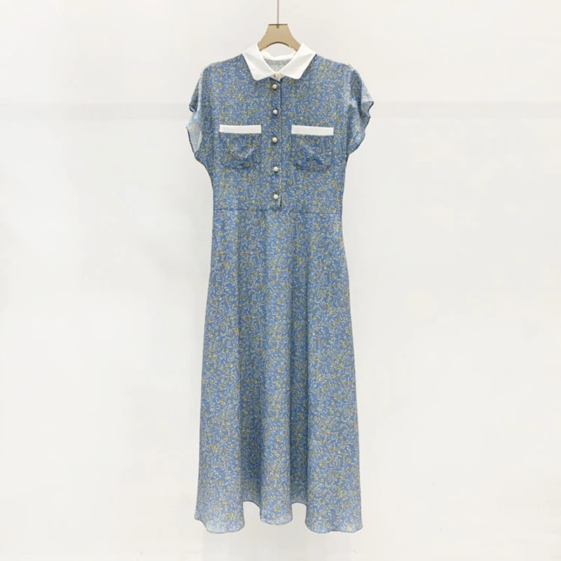 

100% Silk High Quality Women Fashion Summer New Vintage Hit Color Pastoral Floral Silk Short-Sleeved Midi Dress