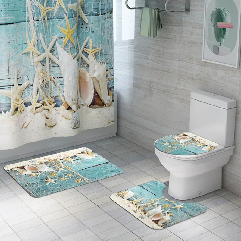 

3PCS Soft Bath Mats Non-slip Pedestal Mat Toilet Lid Cover Carpet Polyester Fiber Conch Printing Toilet Rugs Bathroom Decoration