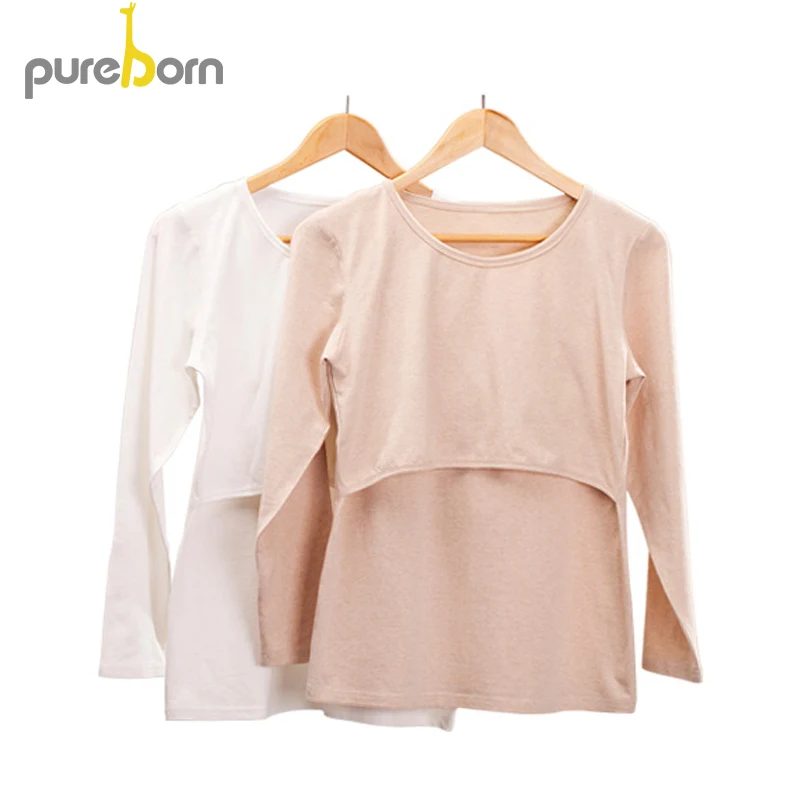 Pureborn Одежда для беременных с круглым вырезом хлопковые рубашки для беременных женщин с длинным рукавом Одежда для беременных однотонные топы для кормления