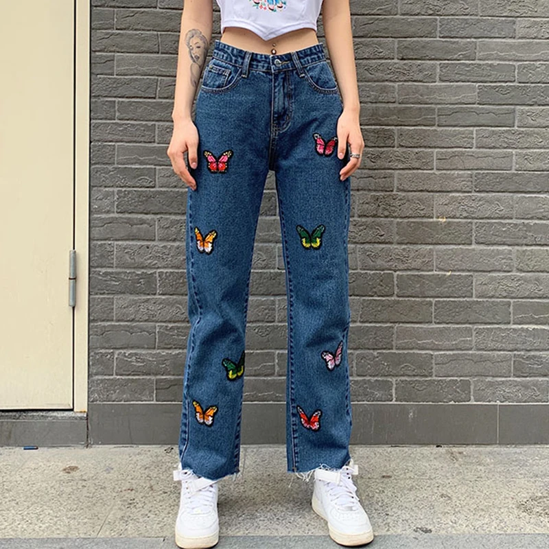 

Butterfly Embroidery Denim Pants Women Fashion Baggy Jeans For Girls Female 2021Vintage High Waisted Trouser Harajuku Capris