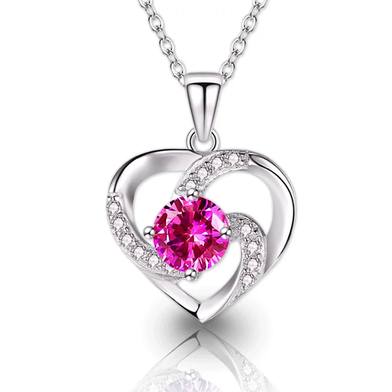 

Fashionable Women's Rose Flower Love Heart Diamond Pendant Necklace 925 Silver Plated Love Heart Clavicle Chain Gift