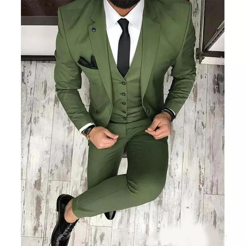 

Olive Green Mens Suits For Groom Tuxedos Notched Lapel Slim Fit Blazer Three Piece Jacket Pants Vest Man Tailor Made Clothing