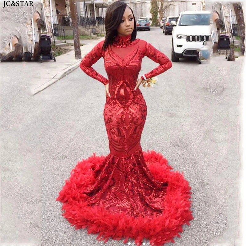 

vestido formatura new lace sequin feather high neck long sleeve red sexy mermaid prom dresses long robe de bal glitter dress