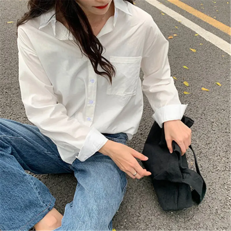 

HziriP Basic Classic Thin Loose 2021 Minimalist Pockets Long Sleeve OL Elegant Chic Brief Office Lady Shirt All Match Blouses