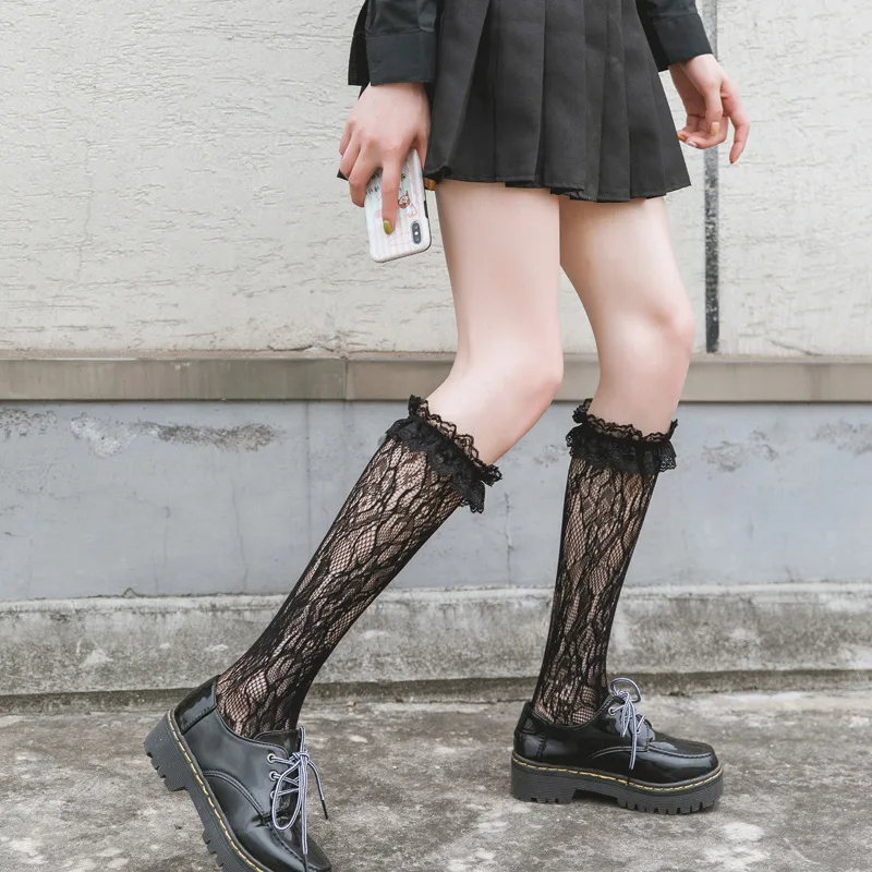 

Милые японские носки в стиле Лолиты Kawaii милые кружевные оборки для девочек женские тонкие однотонные черные белые женские носки с оборками