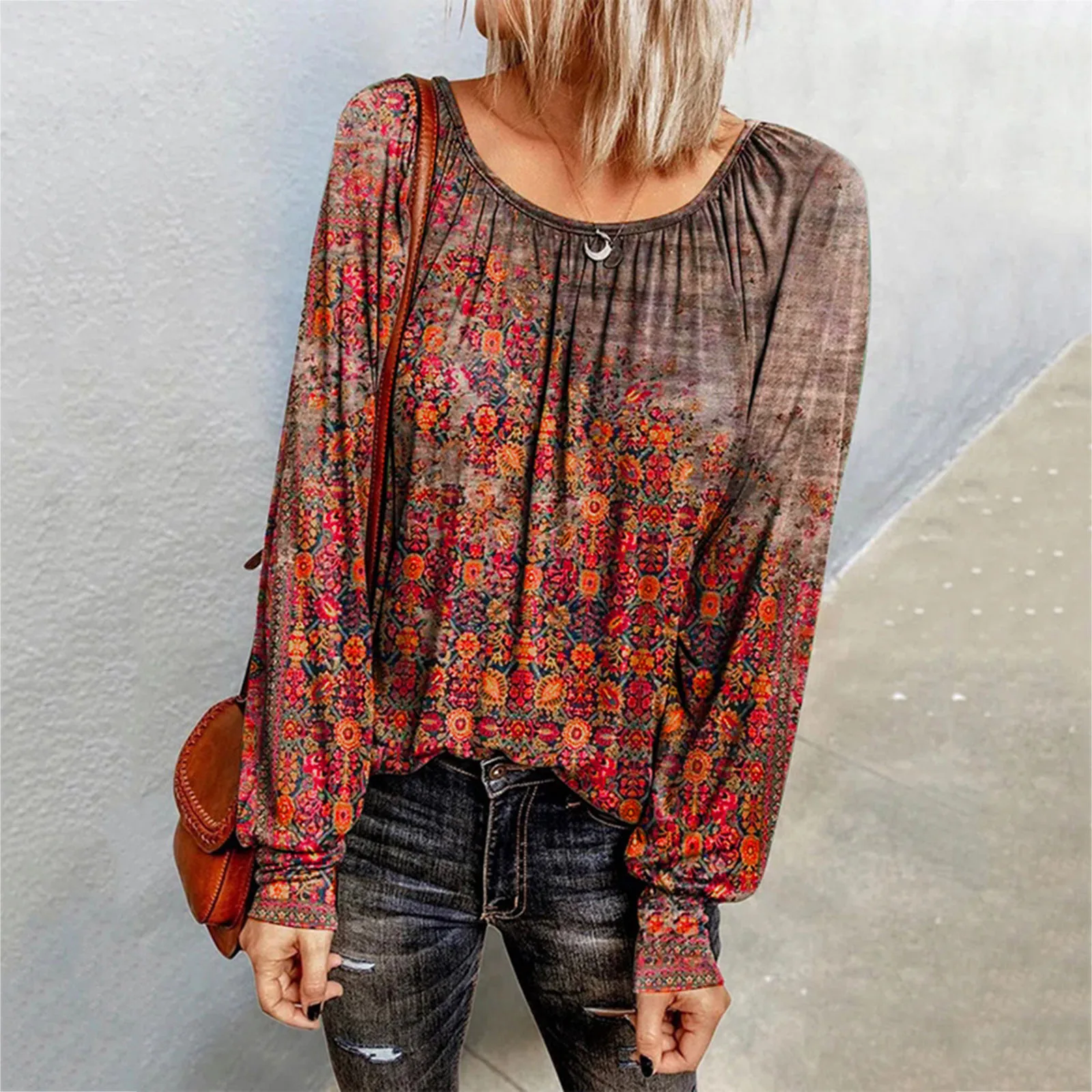 

Fashion Vintage Floral Blouse Autumn Winter Loose O-Neck Tops Female Women Long Sleeve Shirt Blusas Femininas Clothing Pullover