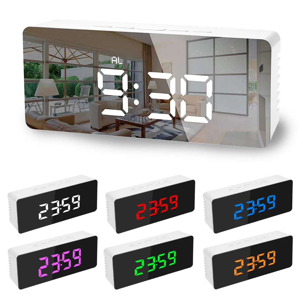 5 Fuctions Button Desk Clock Digital Mirror LED Display Alarm Temperature Calendar Snooze Function with USB 14x50x3.4cm A | Дом и сад