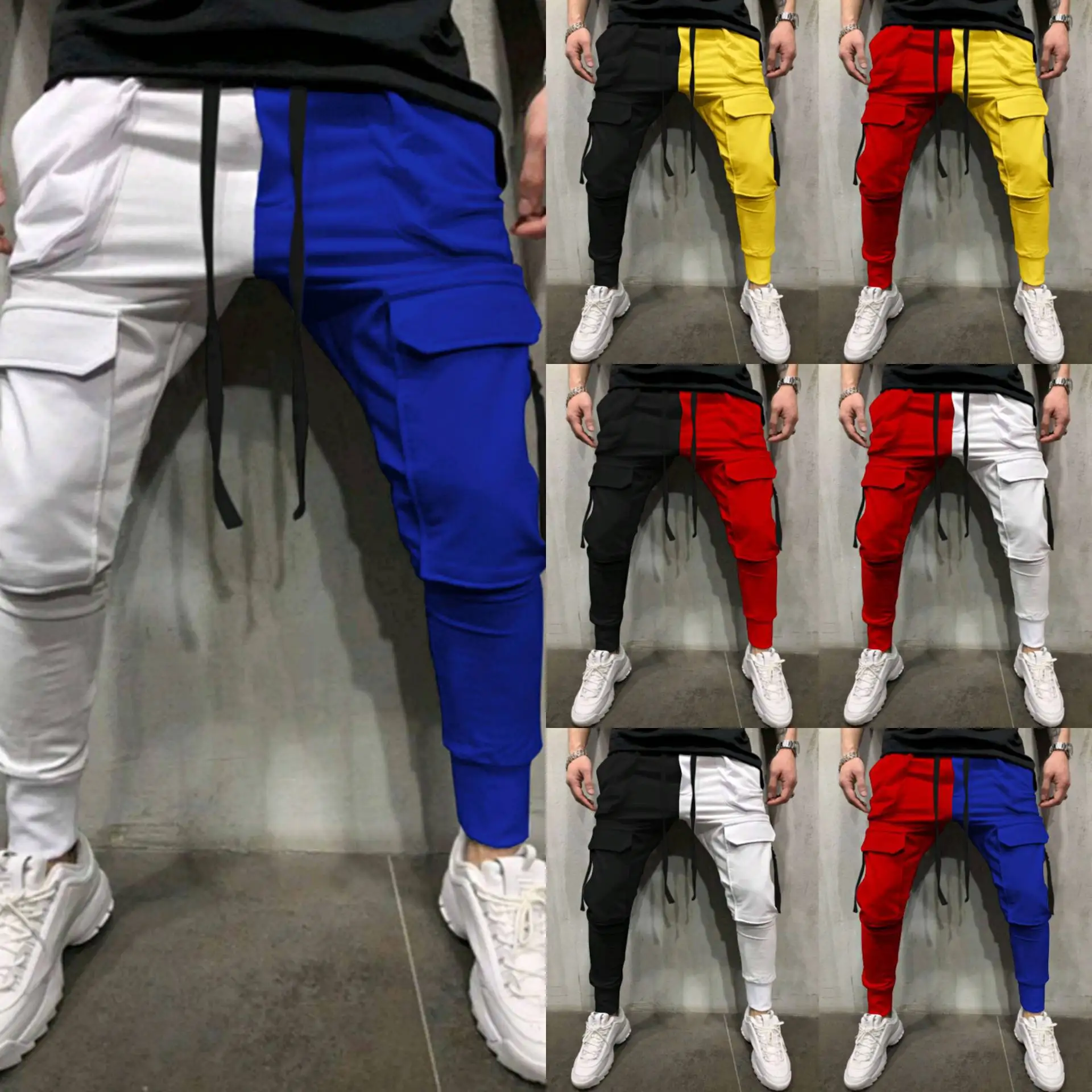 

QNPQYX New Autumn Men's Casual Sports Pants Color Matching Fitness Jogging Pants Stitching Trousers Hip-hop Slim Sweatpants