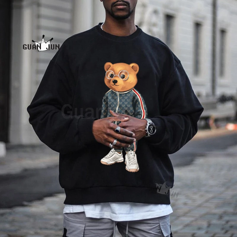 

2021 Luxury Bear Men's and Women's Hoodie New Sweatshirt Big Pattern Wild Personality Couple Clothes Oversize Pullover Black TOP