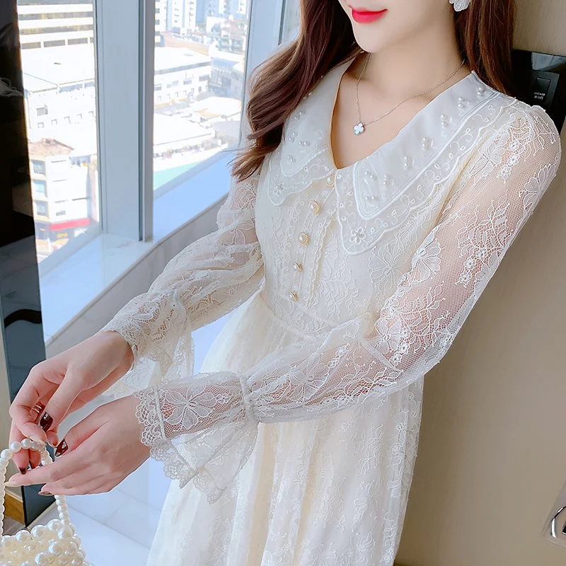 

COIGARSAM Full Sleeve Women Long dress Spring Lace Pearl Dresses White Apricot 1892