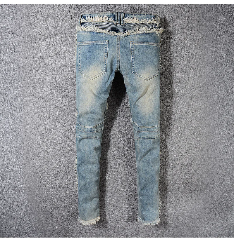 Новые мужские винтажные потертые джинсы с бахромой байкерские модные облегающие