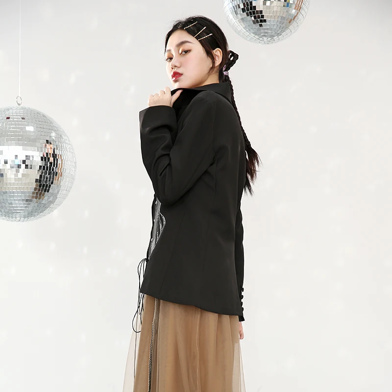 

[EAM] Women Black Bandage Shaped Blazer New Lapel Long Sleeve Loose Fit Jacket Fashion Tide Spring Autumn 2021 1DC4090
